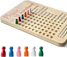 New PHASE 10 WOOD SCORE BOARD w/ 6 Wooden Colored Pegs Family Game Accessory NIB