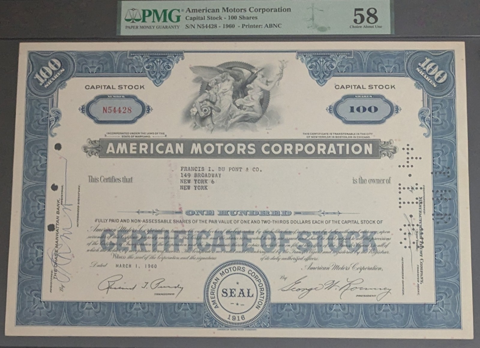 AMC American Motors Stock Certificate Issued to Francis I. Du Pont & Co. ~PMG 58