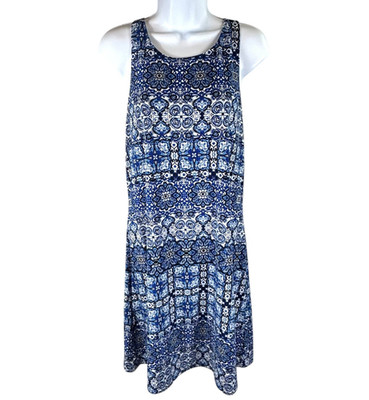 Cupio Blue White Tile Print Halter Dress M Boho Mediterranean Resort Vacation