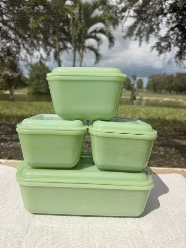 Fire King Jadeite Glass 1950 Philbe Refrigerator Set With Loaf Pan And 3 Smaller