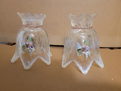 2 Vtg Fenton Two Way Candle Holder Tulip Shaped Opalescent Hand Painted