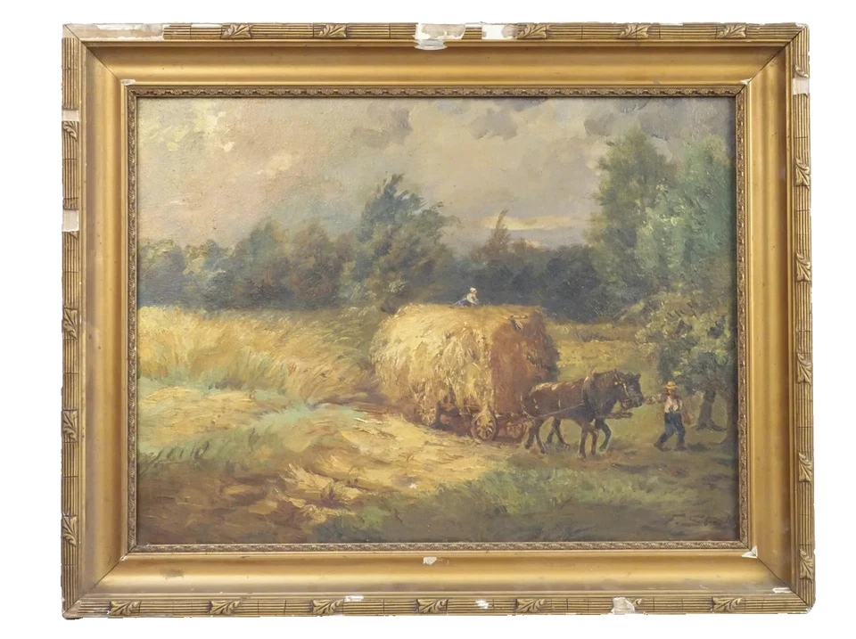 Tableau 19 eme LES FOINS BELLE HUILE SUR TOILE paysans chevaux signé encadré - Photo 3/4