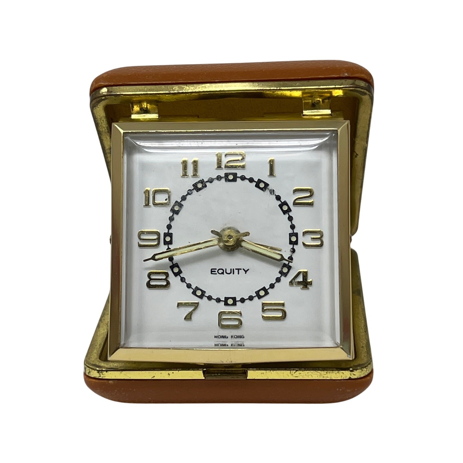 Equity Folding Travel Alarm Clock Brown Glowing Hands Gold Numbers Wind Up WORKS