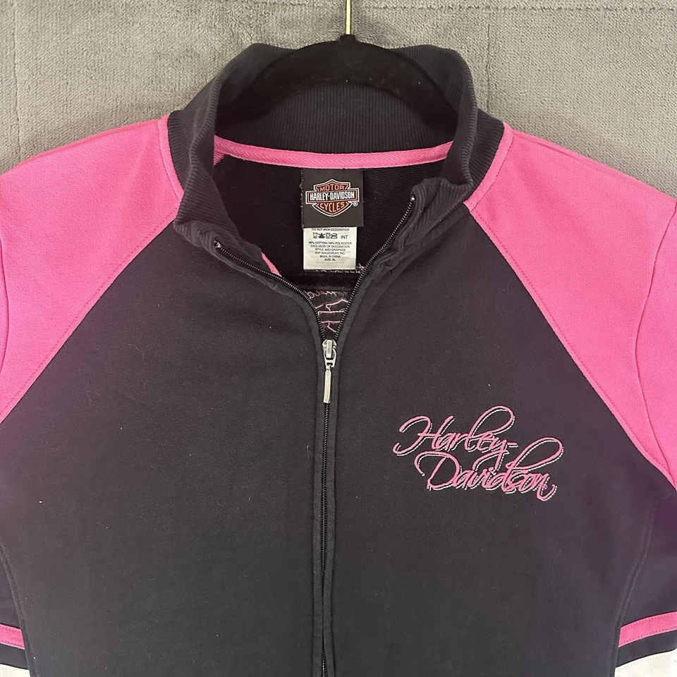Chaqueta Harley Davidson para mujer negra rosa cremallera completa talla XL motociclista bordada Foto 4 de 4