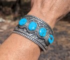 Navajo Turquoise Bracelet Heavy Sterling Silver Signed Elvira Bill Sz 7.25