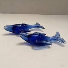 2 x Art Glass Hand Blown Whale Humpback Royal Cobalt Blue small 4&rdquo;