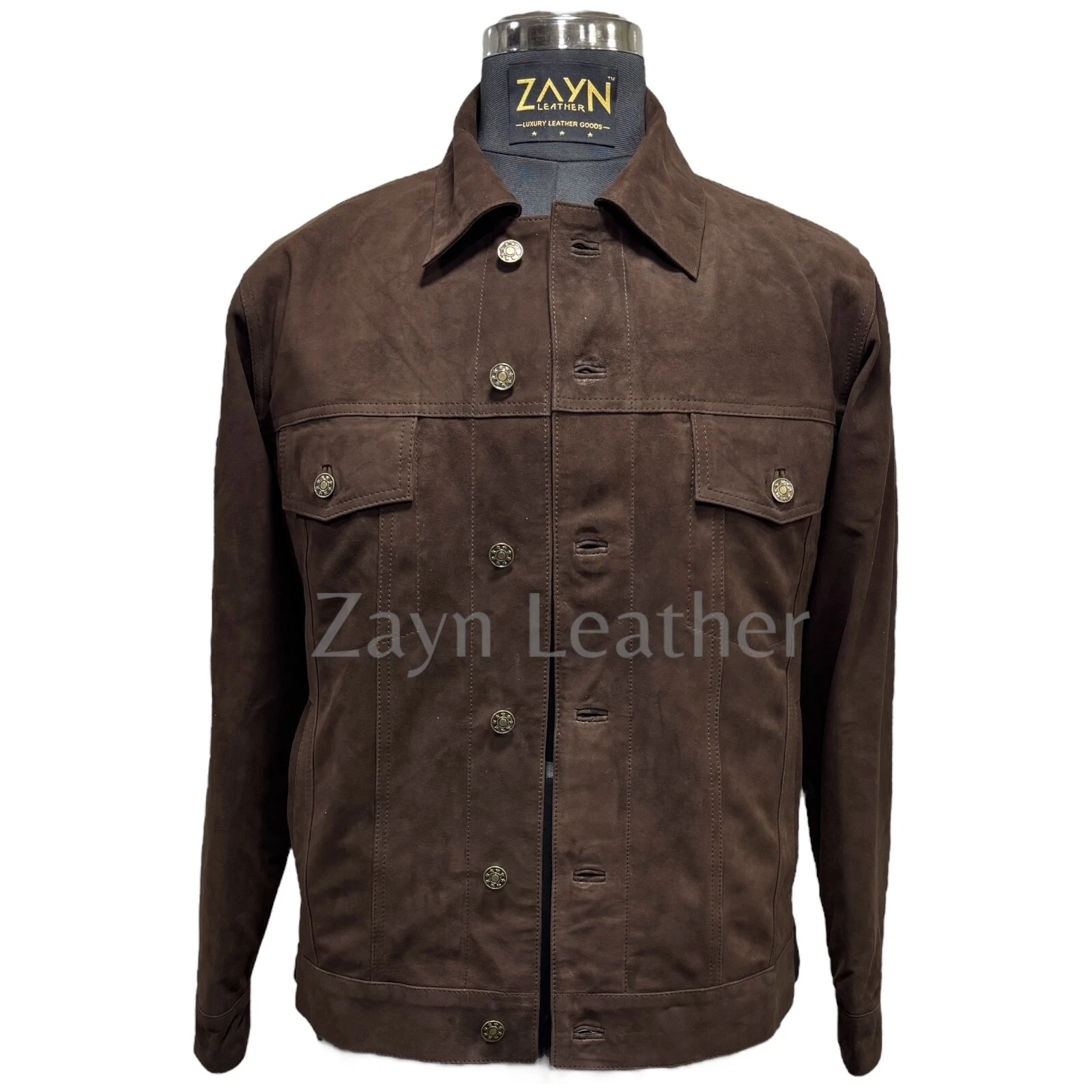 ZAYN Men 100% Real Suede Leather Brown Trucker Jacket Denim Style Classic Jacket