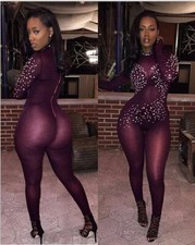 Woman Long Sleeve Mesh Bodysuit rhinestone High Neck See Through Jumpsuit S-5XL