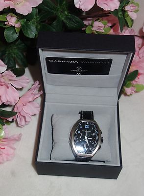 Montres De Luxe Mens Estremo Black Chronograph Tonneau Leather Watch NEW