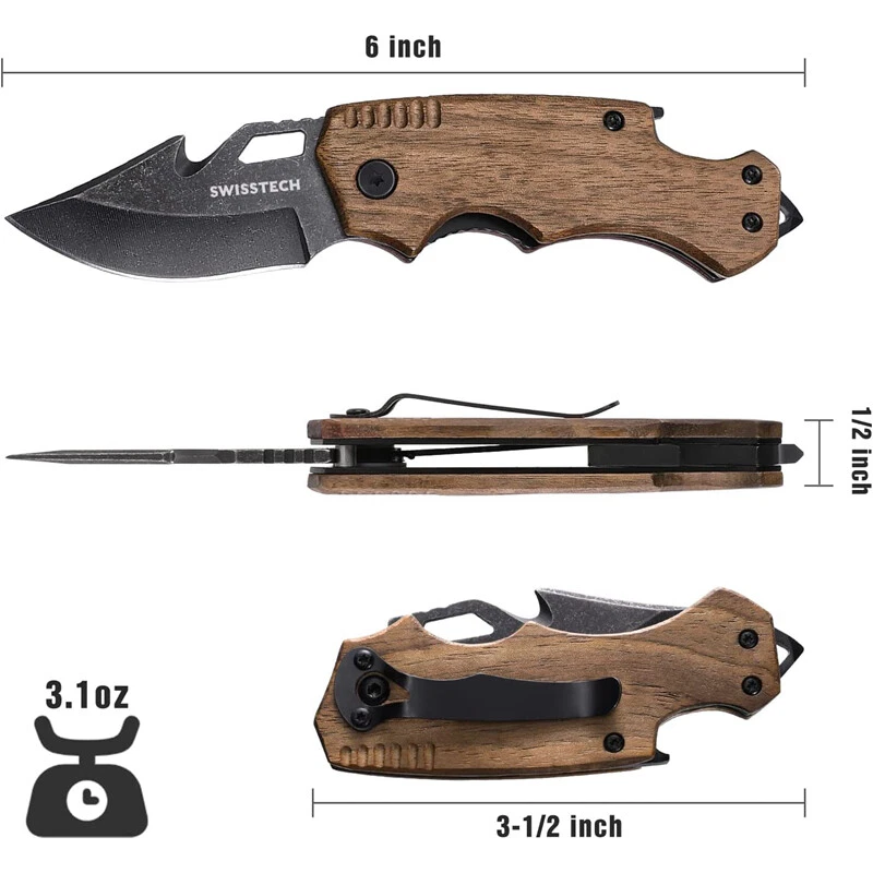 Swiss+Tech Pocket Folding Knife Multi Tool Tactical Camping Knife w/ Wood  Handle