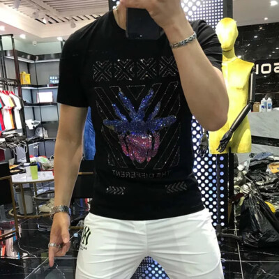 New Fashion Trend Rhinestone Summer Short Sleeve Luxury Men Cotton Black T-Shirt