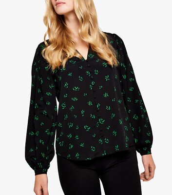 APRICOT schwarze Bluse V-Ausschnitt Kritzeldruck offener Ausschnitt Knopfleiste neu mit Etikett Größe UK 12
