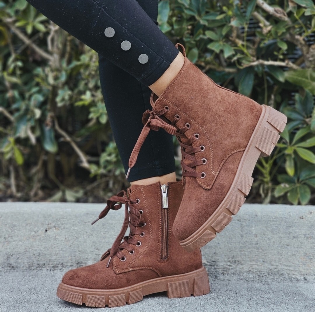 Womens Suede Brown Combat Ankle Boots Lace Up Heeled