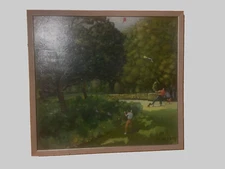 ORIGINAL ART IMPRESSIONISM PARK KITES DOG CHILDREN MCM HITZIG