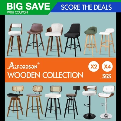 ALFORDSON Kitchen Bar Stools Wooden Swivel Leather Metal Dining Chair x2/x4 - image 1 of 4