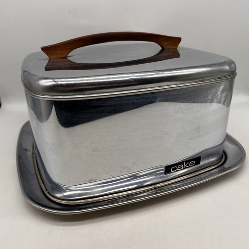 Vtg Lincoln Beautyware Chrome Cake Carrier Storage Square Lock Lid Wood Handle