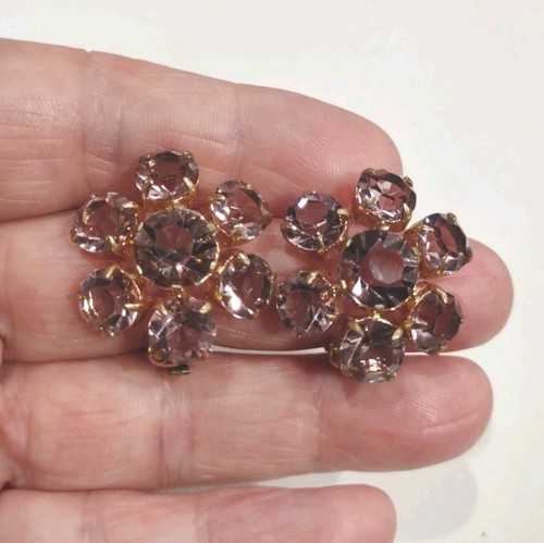 Vintage GT Pink Rhinestone Flower Clip On Earrings 1", F6 - Picture 2 of 3