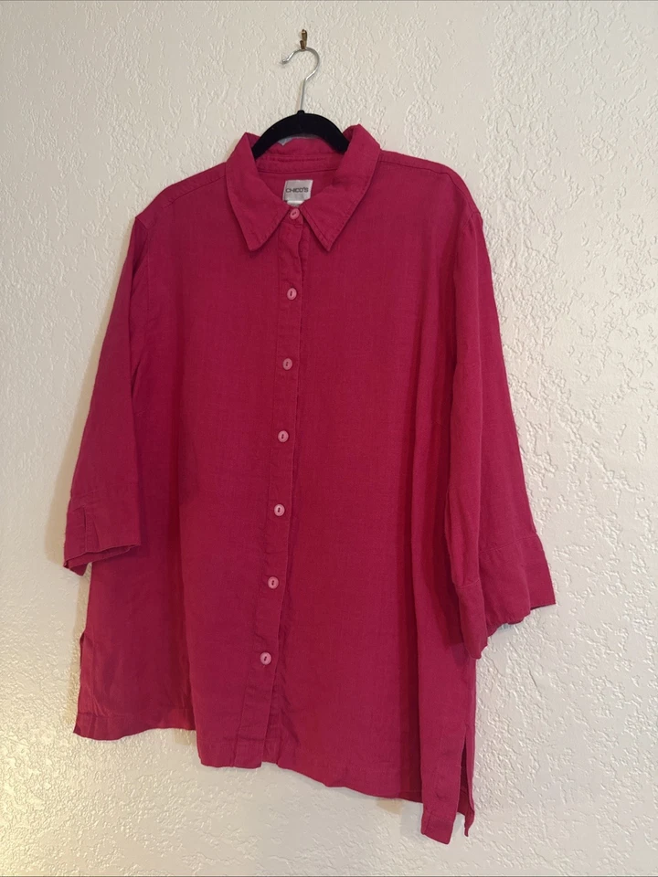 Blusa rosa Chico’s 100 % lino, abotonada, manga 3/4, 3xl nueva sin etiquetas Foto 3 de 4