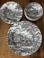 Staffordshire Myott Royal Mail Brown, 3 Dinner, Bread & Butters & Dessert Bowls