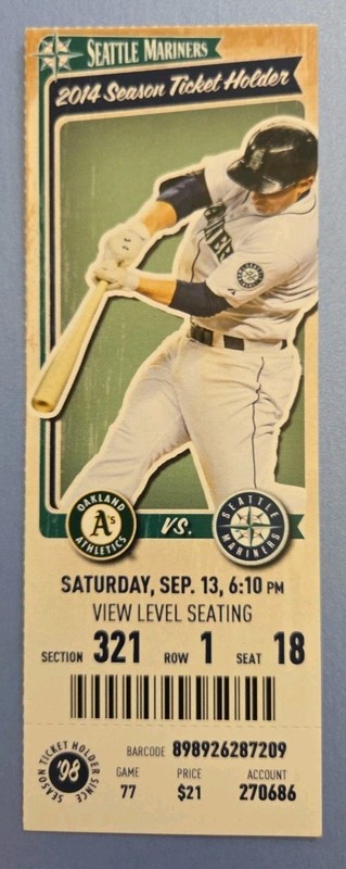 Seattle Mariners Oakland Athletics Baseball Ticket 9/13 2014 Cano & Donaldson HR