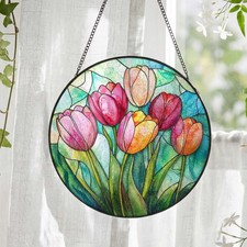 Prendisole in vetro colorato tulipano: finestra con fiori rosa da appendere, vetro floreale primaverile