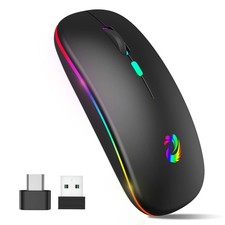 LED Wireless Mouse Rechargeable Slim Silent 2.4G Optical Type-C Adapter Black