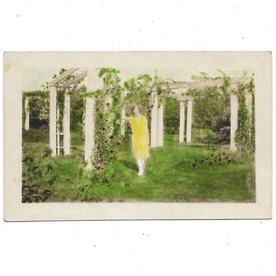 Antique Hand Tinted Color Photo 1920s Beautiful Girl Yellow Dress Flower Garden