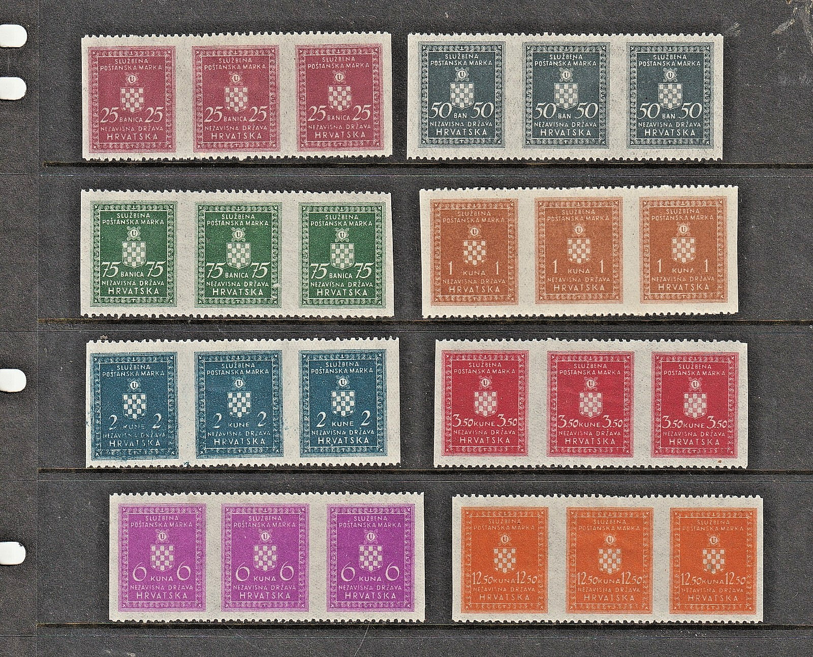 Croatia NDH 1940's OFFICIALS Sc. O17-024 Strips of 3 IMPERFORATED Between MH