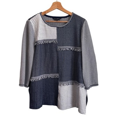 Ming Wang Women Tunic Top Size XL Navy Stripe Nautical Patchwork Boho Coastal