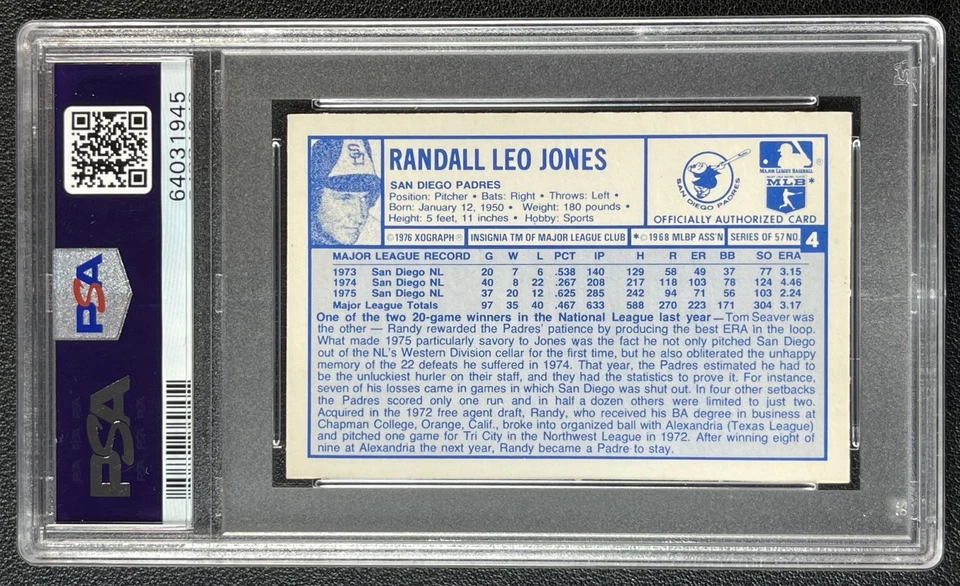 RANDY JONES PSA 10 1976 KELLOGG'S S 3-D SUPER STARS #4 PADRES 1945 - Image 2 of 2