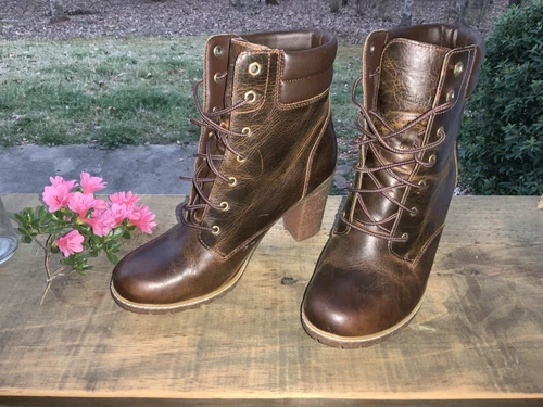 TIMBERLAND Stivali da combattimento stringati in pelle marrone con tacco donna taglia 9