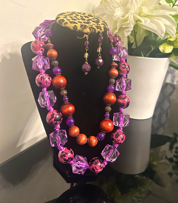 Purple Faceted Glass Bead Necklace Bracelet & Earrings Set w/ Wood Ribbon