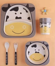 5PCS Children Tableware Set-Five-piece Natural Bamboo Fiber Bowl With Cup Spoon 