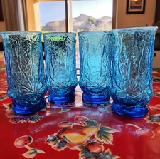 4 VINTAGE Anchor Hocking RainFlower Iced Tea Glasses Tumblers 6" Laser Blue 70s