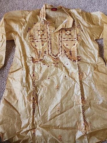 Childrens Topper Fashion Embroidered Beige Kurta and Pyjama Tussar Silk 22"x14" 