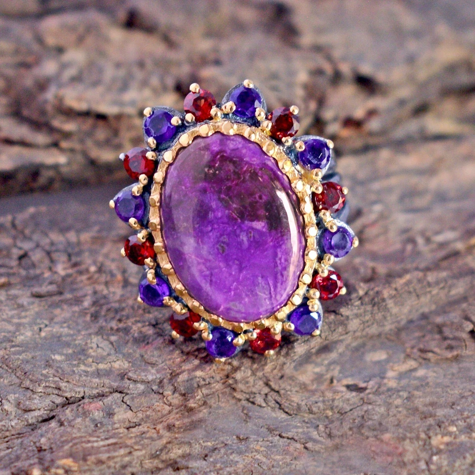 Anello da cocktail con pietre preziose africane naturali sugilite argento... - Immagine 4 di 4