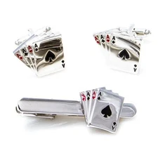Aces Four 4 of a Kind Poker Cufflinks & Tie Bar Clip Wedding Gift Box Free Ship