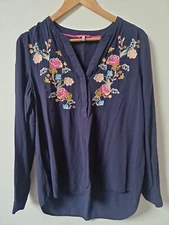 Joules Rosamund Embroidered Floral Navy Blue Blouse Top Size 12