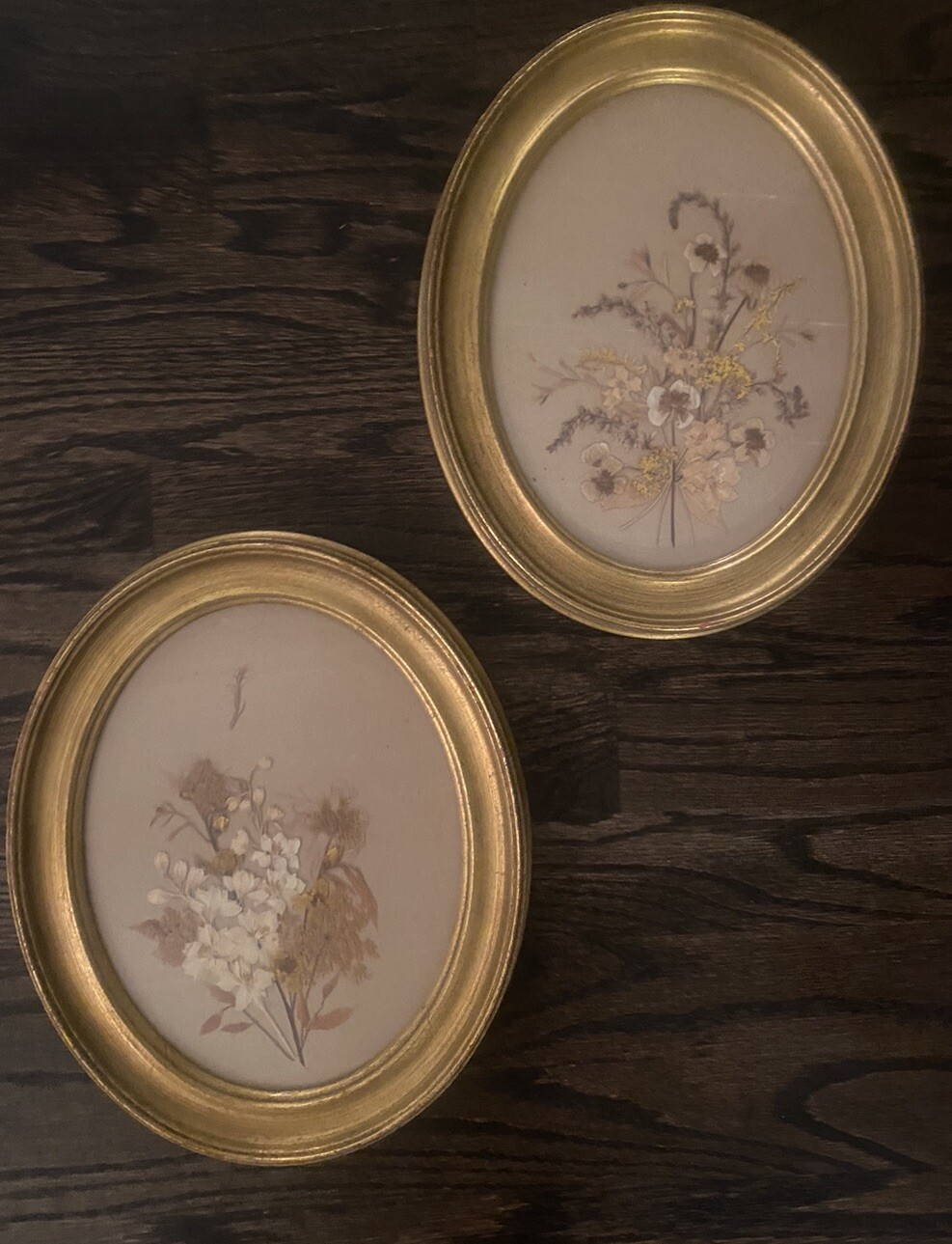 Vintage Pressed Flower Framed Art Oval Set Of 2