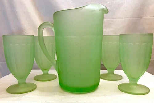 Set - Vintage Indiana Glass Tiara Frosted Satin Green Pitcher & Four Goblets