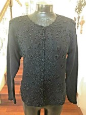 Tiara International Women's Black Sweater Beaded Embroidered Front Buttons Med.