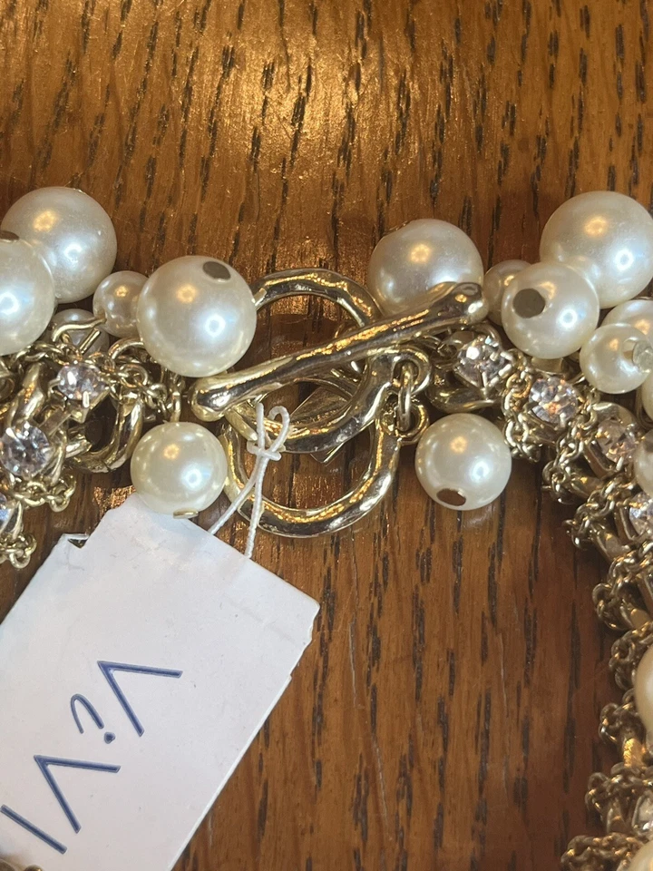 Pulsera ViVI Estilo Gatsby Palanca Vidrio y Perlas Tono Dorado Nueva con Etiquetas Foto 3 de 4