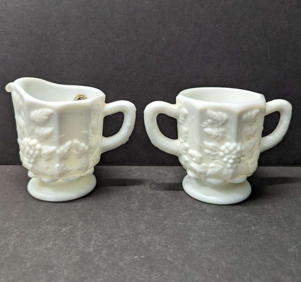 Westmoreland Milk Glass Cream and Sugar Set with Paneled Grapes Design 3 Inch