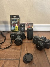 Canon T50 Cameras, 3 Camera Lenses, Case, Flash