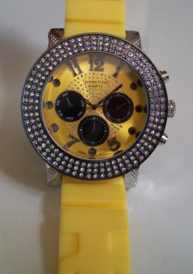 MEN'S STONE HEMATITE WITH YELLOW SILICONE BAND  FASHION DRESSY HIP HOP WATCH