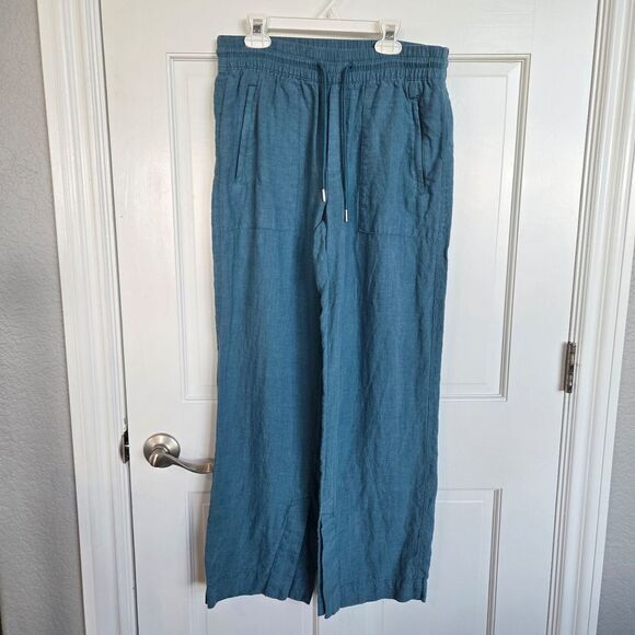 Athleta linen Pants Women's sz 4 Teal wide leg 100% Linen elastic drawstring