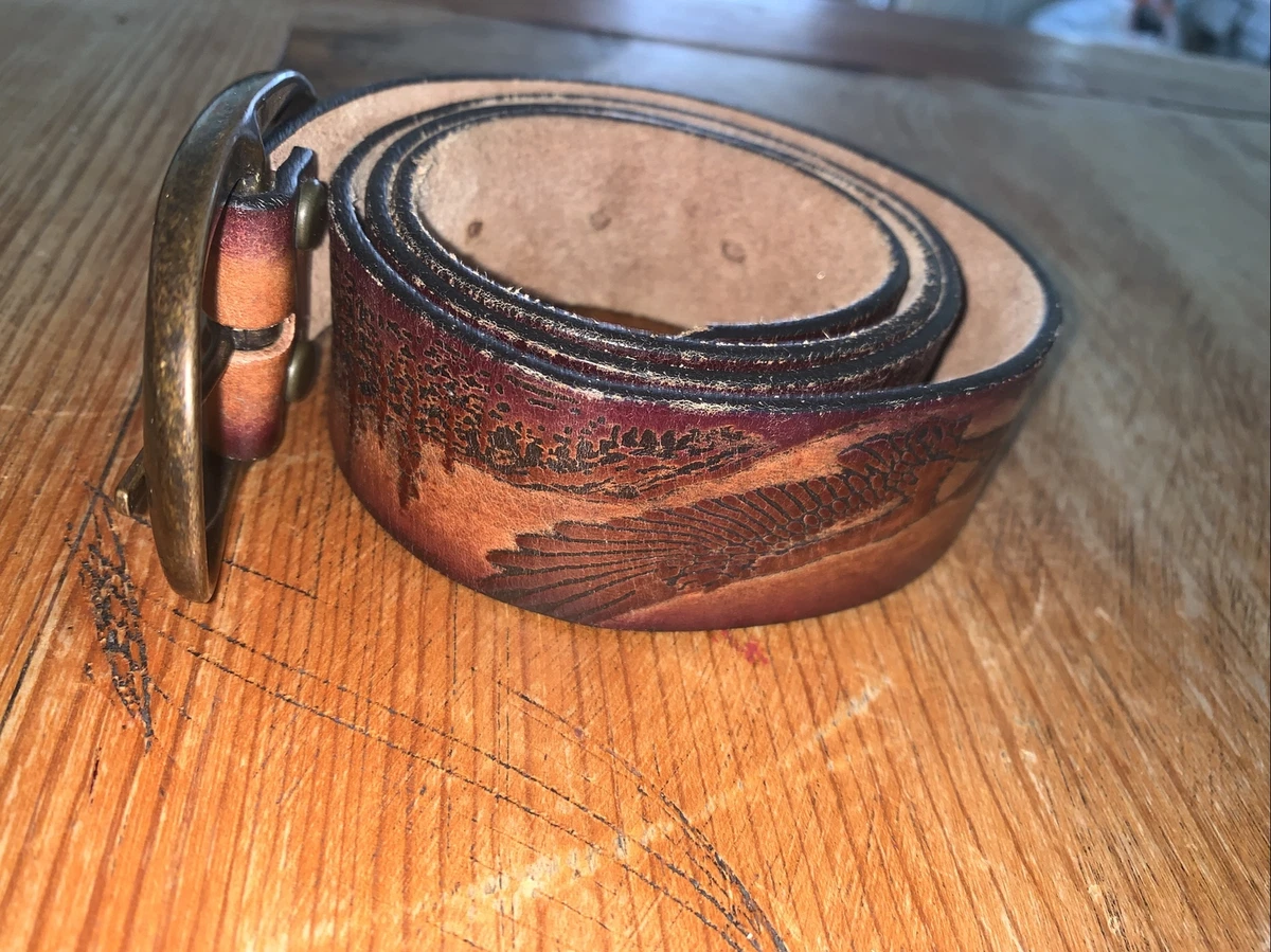 vtg Eagle Leather Works embossed leather belt western sun trees eagle brass 34