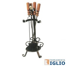 Kit Attrezzature Set 4 Attrezzi Camino Caminetto Stufa H. 65cm Manici in Legno