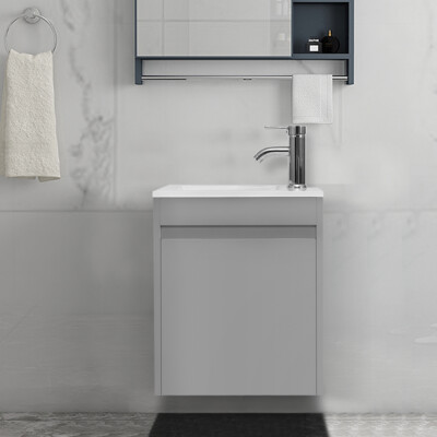 16'' Small Bathroom Paint Vanity Gray Wall Mount Ceramic Sink Faucet Drain Set
