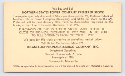 #ad c1937 Northern States Power Company Preferred Stock Minneapolis MN Postcard $11.95